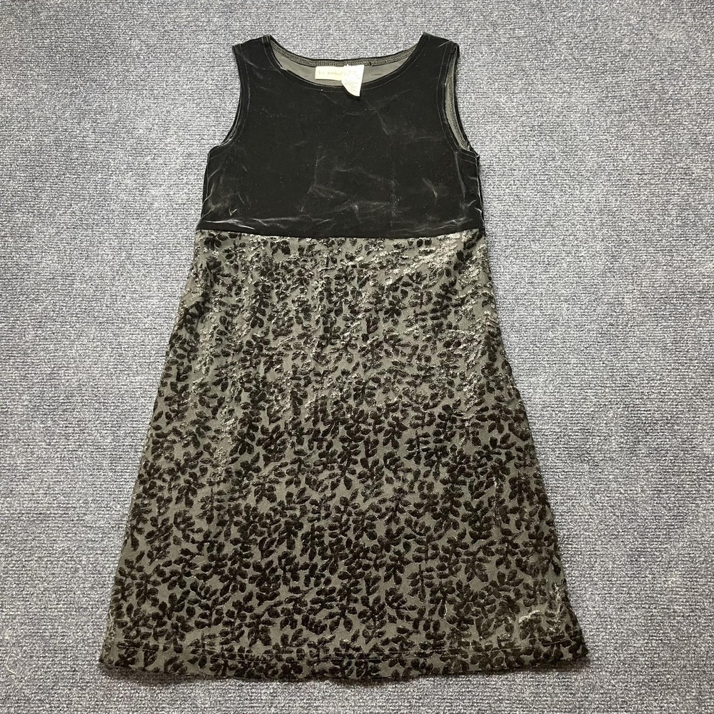 Vintage K.C. Parker Dress Girls 16 Black Velvet Flocked Floral Sleeveless Party